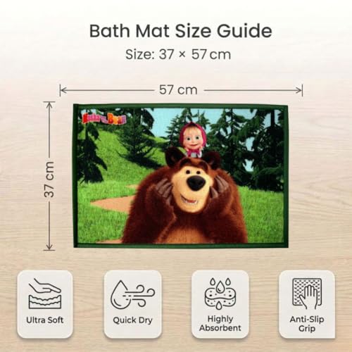 Image of Athom Living Cartoon Printed Themed Multi Colored Kids Premium Nylon Bathmat, with Latex Backing, Anti-Slip Bathmat, 37 x 57 cm, Pack of 1 (Masha and The Bear)