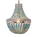 FIRVRE Wood Beaded Chandelier,Rustic Vintage Farmhouse Pendant Light,Boho Light Fixtures,Bohemia Blue Beach Ceiling Light for Living Room,Bedroom,KitchenIsland