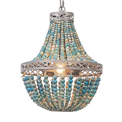 FIRVRE Wood Beaded Chandelier,Rustic Vintage Farmhouse Pendant Light,Boho Light Fixtures,Bohemia Blue Beach Ceiling Light for Living Room,Bedroom,KitchenIsland