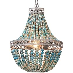 Lamparas Antiguas De Madera FIRVRE Lámpara de Techo de Cuentas de madera Natural Iluminación de techo E27 Bohemian Boho Loft French Countryside interior candelabro Plafón antigua para Cocina Isla Comedor (Mini Blue)