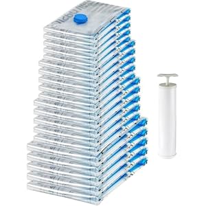 Amazon Basics Vacuum Compression Space Saving Storage Bags with Hand Pump for Travel, Multiple Sizes for Clothes and Blankets, Clear, 20 Pack (5 Small, 5 Medium, 5 Large & 5 Jumbo)