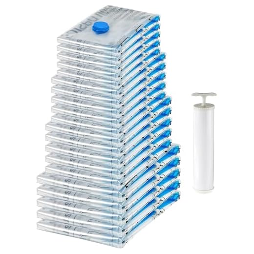 Amazon Basics housses de rangement sous vide avec pompe manuelle - (5 taille S, 5 M, 5 L, 5 Jumbo), Fermeture éclair, Multiple, 20 pièces, 4 lot de 5, Claire