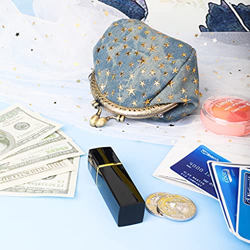 Oyachic Portemonnaie mit Stern Denim Coin Purse Geldbörse mit Clipverschluss Klickverschluss Vintage Spangenportemonnaie Damen Klein Knipsbörse (Blau)