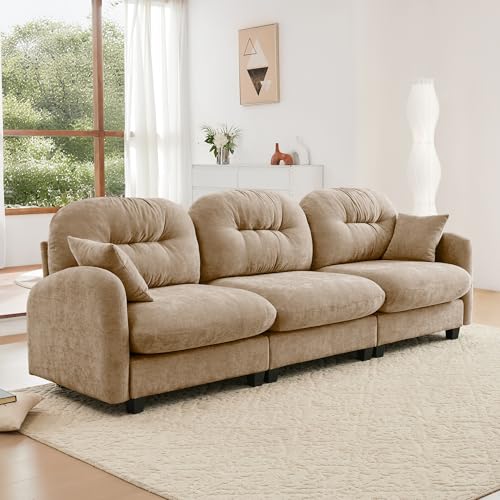 Image of KEIKI 107 inch Oversized Chenille Modular Sectional Sofa with High-Density Foam Cushion and Tufted Pleated Cushion Backrest, Upholstered Modern 3-Seater Cloud Couch with 2 Pillow, for Living Room, Camel