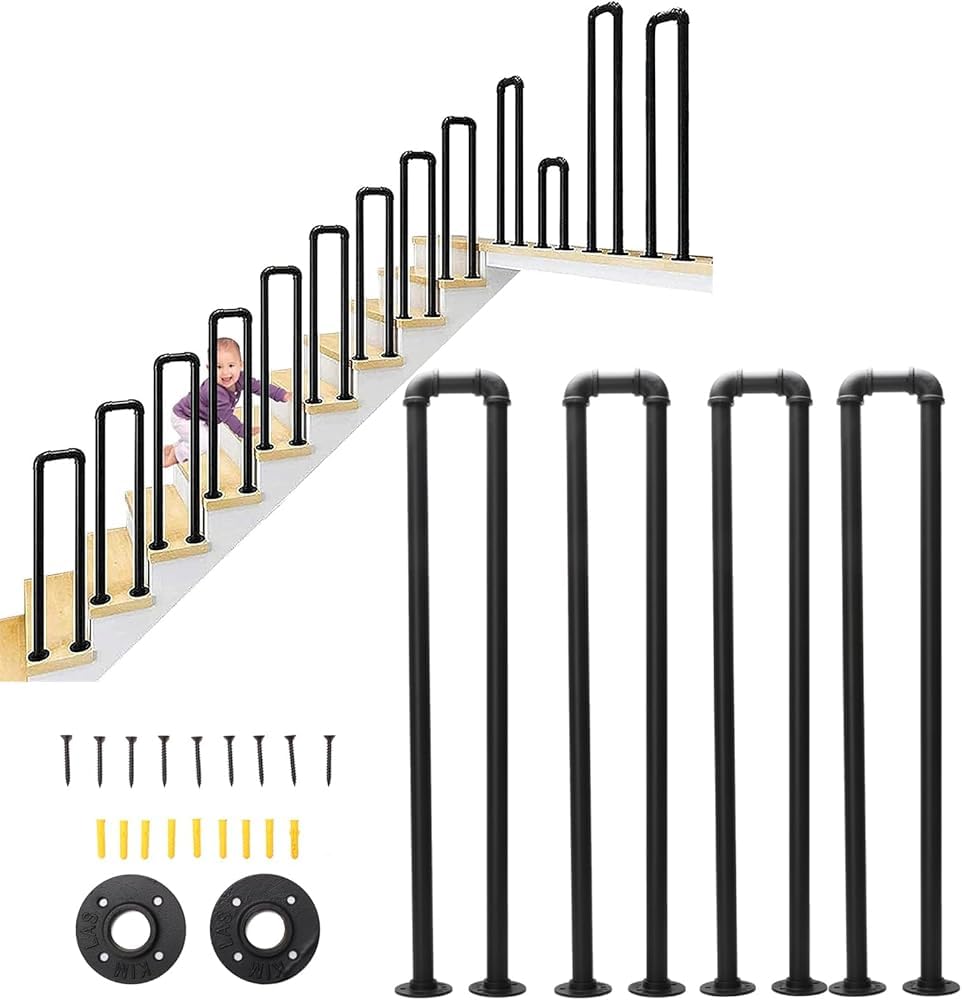 LQSYBHD 4 Pcs Hand Rails for Outdoor Steps, Matte Black U Shaped Handrails for Indoor Stairs, Non-Slip Stair Railing Industrial Wrought Iron Railing for Stairs Garden Loft Corridor(Size:2.46ft/75cm)