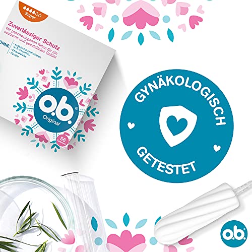 o.b. Tampons Original Super 56 Stk., mit StayDry-Technologie und geschwungenen Rillen für starke Tage, 100 Prozent pflanzlich basierter Tamponkern