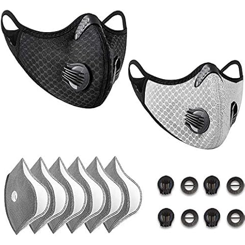 Dust Mask Anti-Pollution Sports Mask with 6 Activated Carbon Filters and 4 Valves Dustproof Face Mask Sheet Mask for Motorcycle Cycling Running Exhaust Fumes Outdoor Activities (Black+Gray) Set Cover