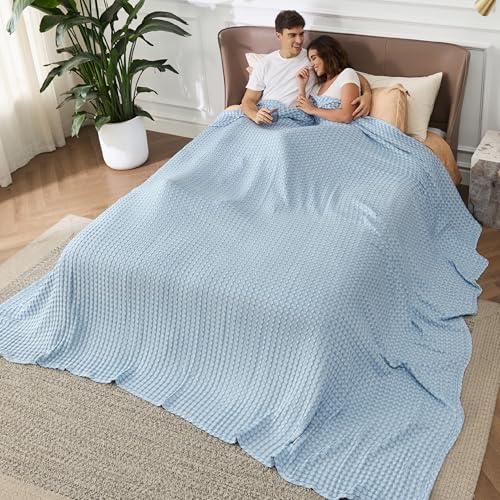 Image of Bedsure Cooling Cotton Waffle Oversized King Blanket - Lightweight Breathable Rayon Derived from Bamboo for Hot Sleepers, Luxury Throws for Bed and Sofa, Light Blue, 120x96 Inches
