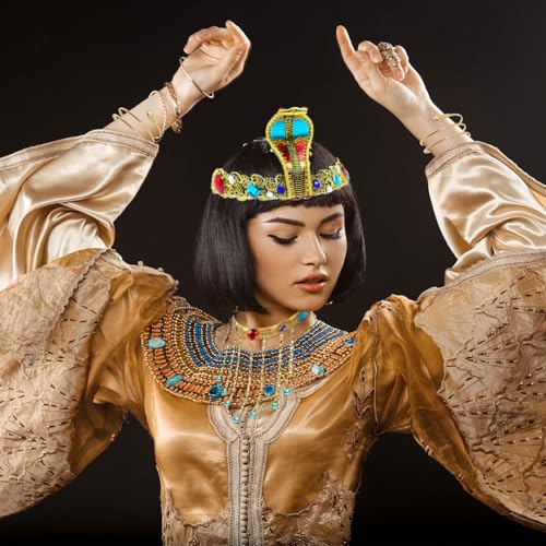 SAIIURV - Juego de 4 accesorios de disfraz egipcio egipcio para mujer, diadema, collar, pompón con cuentas egipcias, pulseras de serpiente, accesorios Cleopatra para Halloween, carnaval, fiesta, 20 cm - imagen 7