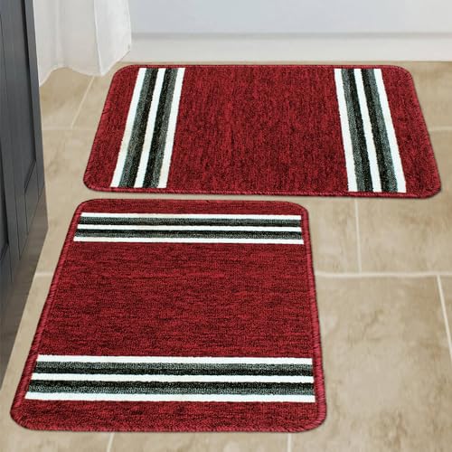 Image of Pack of 2 Nylon Anti Skid Mat for Bathroom | Floor Mat for Bathroom, Kitchen, Bedroom & Office| Red Stripes Design-(37x57cm)