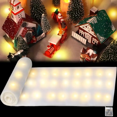 1 Set Christmas Snow Blanket with LED Lights 5.83 Feet x 18 Inch - Lighted Snow Blanket with Battery Box Light String - Artificial Winter Fake Snow Table Runner for Christmas Decorations