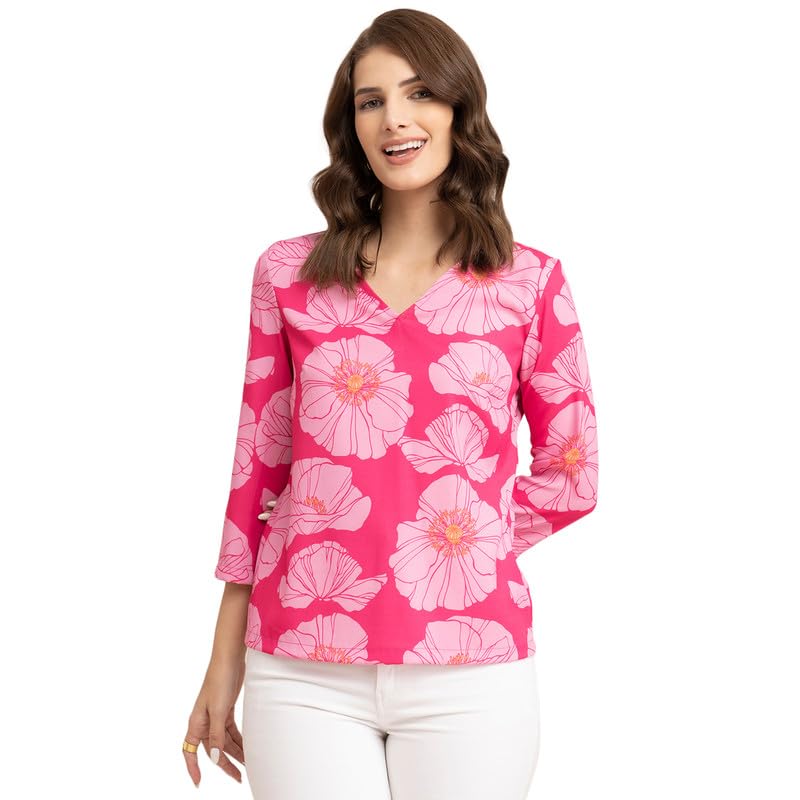 Image of FableStreet Women Formal & Casual Top | Elegant V-Neck Three-Quarter Sleeves Floral Print | Lightweight Smooth Fabric for Office Wear & Daytime Outings