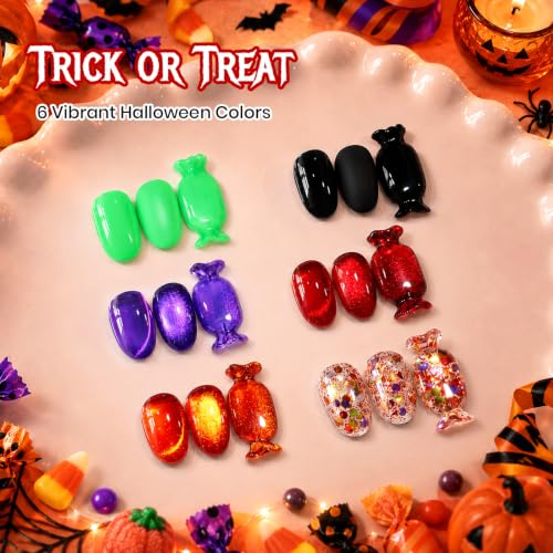 Image of Beetles Halloween Gel Nail Polish Set, 6 Colors Black Orange Purple Green | for Spooky Nail Art, Fall Pumpkin Ghost DIY Manicure, UV LED Soak Off Gel Polish