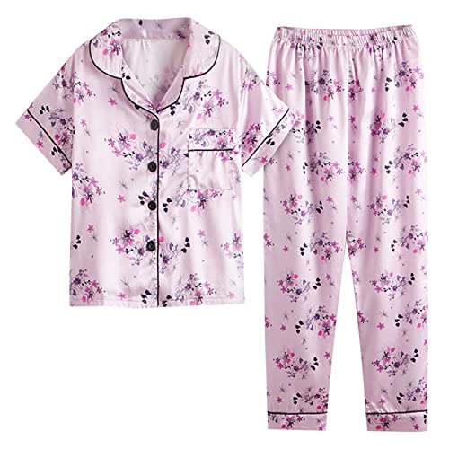 Girls Satin 𝐏a𝐣ama Set Floral Print 𝐒ilk 𝐏ajamas Short Sleeve Button Down Shirts and Long Pants Kids Cute Sl𝐞epwear