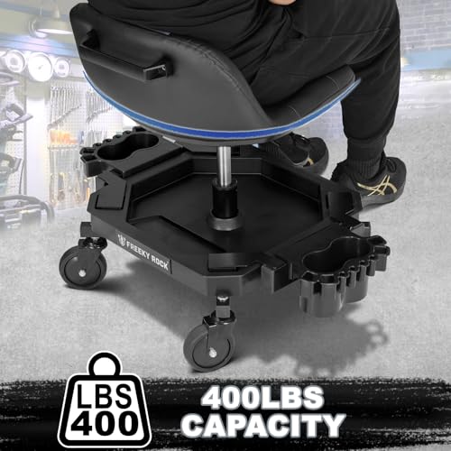 Image of Rolling Stool with Wheels, Adjustable Height Pneumatic Garage Work Mechanic Stool Seat with Backrest, 400 LBS Capacity 360 Swivel Mechanic Crepper Chair with Tool Tray Storage, Gray