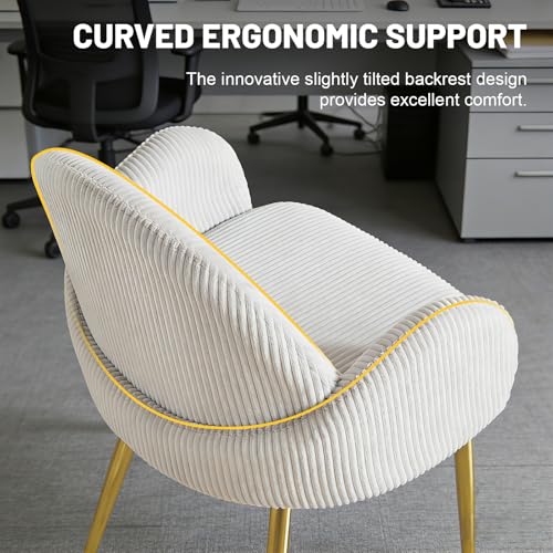 Image of Eifizek Home Office Desk Chair no Wheels, Modern Corduroy Upholstered Vanity Chair with Gold Legs for Girls Women, Ergonomic Padded Backrest for Living Room Bedroom, Grey