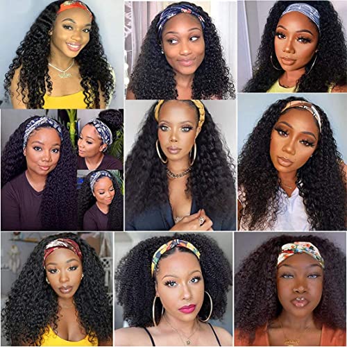 Image of Celiarita Headband Wig Human Hair Kinky Curly Headband Half Wigs Human Hair Brazilian Glueless Kinky Curly Headband Wigs None Lace Front 150% Density Natural Color 12 Inch