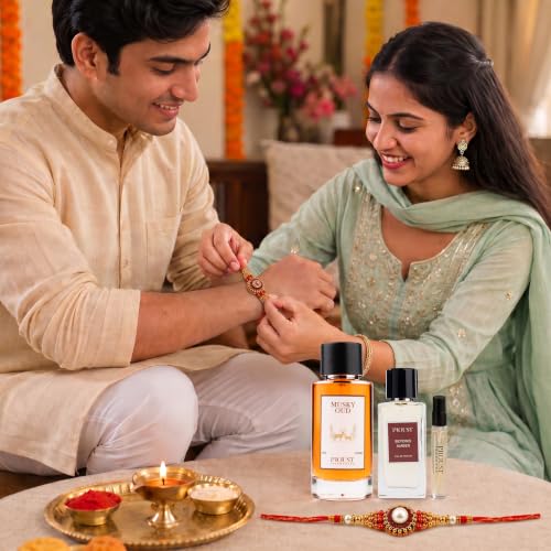 Image of PROUSTFRAGRANCES Musky Oud Perfume 100ml Raksha Bandhan Fragrance Gift Set | Beyond Amber EDP 50ml, 2 Rakhis & 1 Fragrance Tester included | Premium festive perfume combo with woody, musky & amber notes