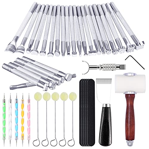 Leather Stamping Tools - Leather Carving Tool Kit, Saddle Making Tools Set, Swivel Knife, Leather Working Hammer, Cutting Knife, Wool Daubers, Frosted Strip for Leather Stamping, Carving