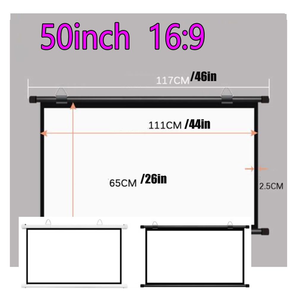 40pollici Schermo Proiettore Avvolgibile Manuale Schermo di Proiezione A Parete HD Telo Proiettore Portatile Schermo per Proiezione per Automobile Home Ufficio(White,50inch16:9)
