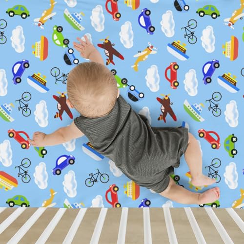 Image of Planes Automobiles Transport Baby Crib Sheets for Boy Girl 28 inchx52 inch Airplanes Boats Bike Car Clouds Blue Soft Stretchy Fitted Crib Mattress Cover Travel Baby Sheet for Standard Crib & Toddler Mattress