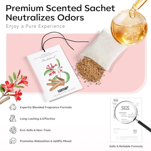 Image of MYARO 12 Pack Sandalwood Scented Sachets for Drawer, Closet & Small Spaces Air Freshener Bags, Odor Eliminator for Clothes, Car, Wardrobe, Home Fragrance Gift Set