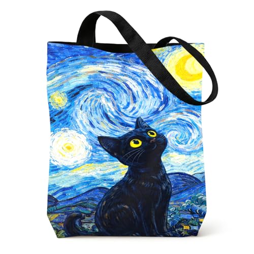 Image of zhongko Black Cat Canvas Tote Bag, Starry Print Shoulder Bag, Practical Black Cat Gifts, Reusable Shopping Bag, Portable Grocery Bag for School, Work and Picnics
