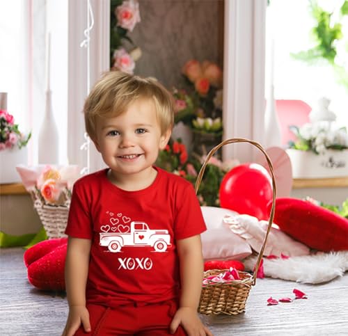 Image of Toddler Boys Girls Valentine's T-Shirt Love Heart Truck Dinosaur Shirt Cotton Kids Tee Tops 2-7 Years