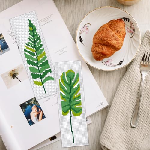 Image of INFUNLY 6PCS DIY Green Leaves Cross Stitch Bookmark Kits 7.9x2.4 Tropical Plant Stamped Embroidery Bookmarks Kit with Instruction Foliage Needlepoint Bookmark Kits for Book Lovers Readers Writers
