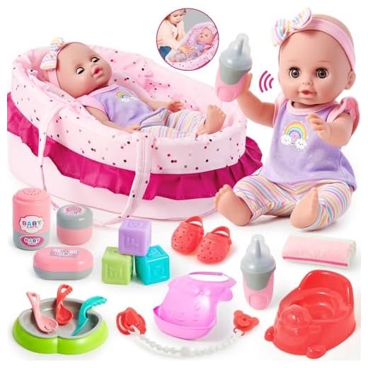 SVMK 12'' Interactive Baby Doll Set with Bassinet Accessories Toddlers Girls Toys, Talking Laughing Crying Doll Feeding Nursery Playset Pretend Play Gifts for Little Girls Kids 3 4 5 6+ Years Old