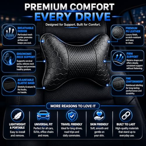Image of Adroitz Car Neck Rest Pillow Set of 2 - Ergonomic Breathable Seat Headrest Cushion for Driving - Universal Fit Interior Accessory for Neck Support & Head Rest - Premium Car Pillow for Seat Comfort