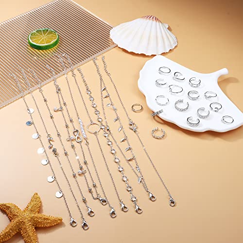 Lolias 25Pcs Anklets And Toe Rings For Women Silver Gold Plated Toe Rings Layered Ankle Bracelets Flower Evil Eye Toe Rings For Summer Sandals Foot Jewelry Set Adjustable (Silver Tone) #TOP2