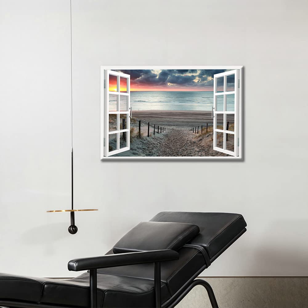 TISHIRON 3D Window Effect Coastal Picture Artwork Beach Seascape Canvas Wall Art with Wooden Pathway to Ocean for Bedroom Wall Decor Stretched and Framed Ready to Hang 12x18inch - Image 4
