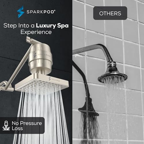 Image of SparkPod 6 inch High Pressure Rain Shower Head with 23 Stage Filter Capsule & 11 Inch Adjustable Shower Arm Extension -Shower Filter Reduces Chlorine for Smoother Hair & Skin (Square, Brushed Nickel) | Showerhead for Hard Water, High Pressure Shower Head, Adjustable Showerhead, Universal Connection, Gain Space & Style