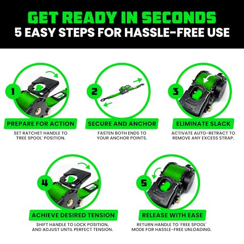 Image of Rhino USA Retractable Ratchet Straps (4-Pack) - 2 Inch x 10 Feet (3,033lb Break Strength) - Heavy Duty Auto Self Retracting Tie Down Straps for Truck, Cargo Trailer, Motorcycle, Rad & More - Green