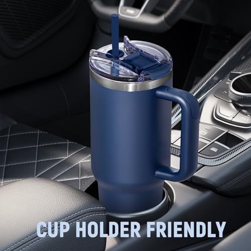 Image of COKTIK 40 oz Tumbler With Handle and Straw Lid, Vacuum Insulated Travel Coffee Mug Stainless Steel Insulated Cup for Beverages, Leak-proof, Cupholder Friendly(Navy)