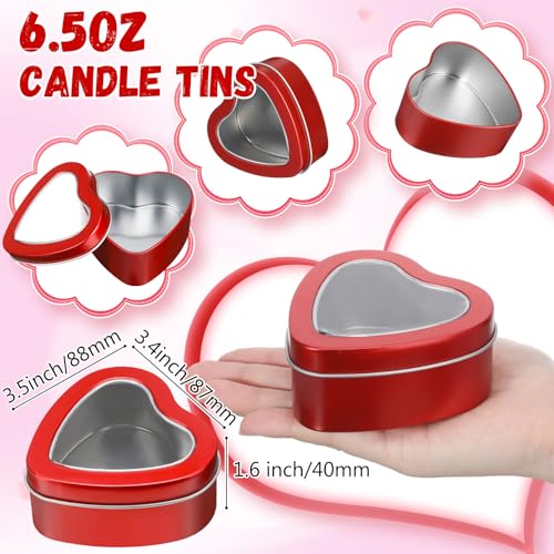 Funnymoom 24 Pcs 6.5 oz Heart Shaped Metal Tins with Clear Window Lids, Valentine\'s Day Candle Tins Empty Heart Shaped Box, Metal Candle Tins for Candle Making, Candies, Gifts & Treasures(Red)
