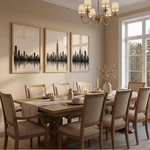 Image of Set of 3 Modern City Skyline Wall Art Paintings for Living Room | Minimalist Urban Cityscape Wall Decor | Neutral Beige Framed Wall Paintings for Bedroom, Office, Hall & Home Decoration (13x19 Inches)