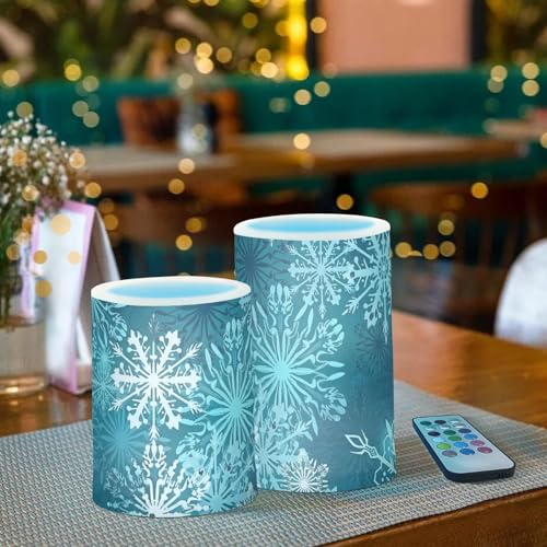 Image of Christmas Flameless Candles Teal Blue White Snowflake Pillar Candles Set of 2 Battery Operated Remote Control Warm Lights Home Decor