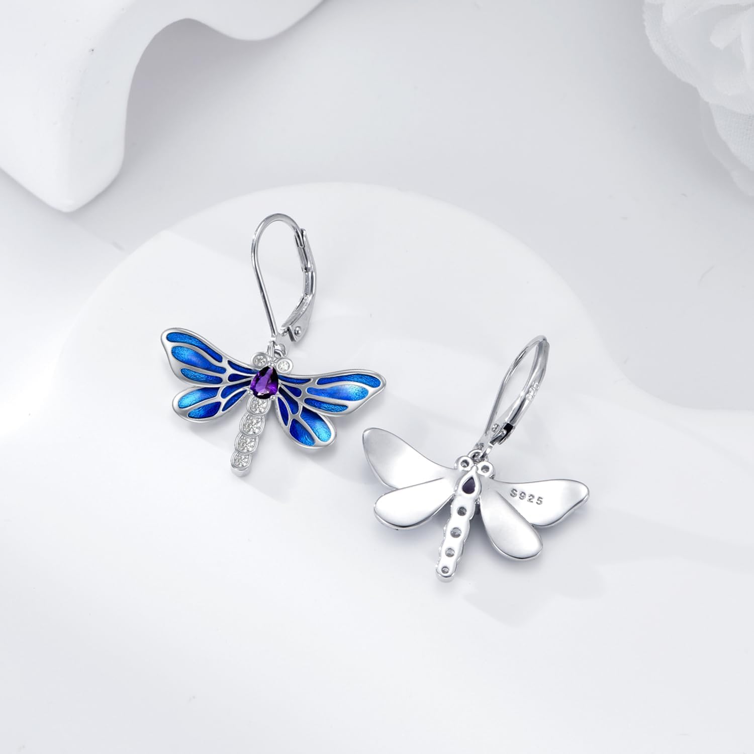 Dragonfly Earrings for Women 925 Sterling Silver Gemstone with Dragonfly Leverback Drop Dangle Earrings - Image 3