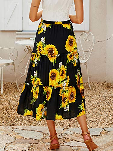 Saia feminina Hibluco com estampa floral boêmia e cintura elástica, Black Sunflower, X-Large