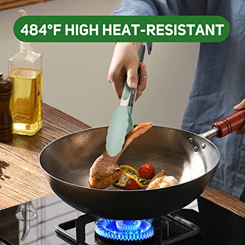 EEKEDO-Kitchen-Tongs-Stainless-Steel-Silicone-Tongs-for-Cooking-600oF-High-Heat-Resistant-BBQ-Grilling-Locking-Tongs-Set-of-2-9-and-12-Light-Green