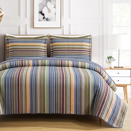 Image of Chezmoi Collection Avery Striped Cotton Quilt Set Queen Size, 3-Piece Soft Pre-Washed 100% Cotton Quilt, Multi-Color Green