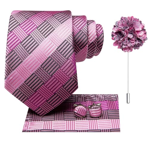 Image of Hi-Tie Pink Purple Mens Striped Ties Set Formal Necktie Lapel Pin Pocket Square Cufflinks Sets Formal Business Wedding