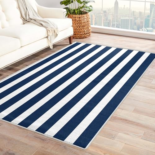 Tapete rayado azul marino y blanco 5x7 pies