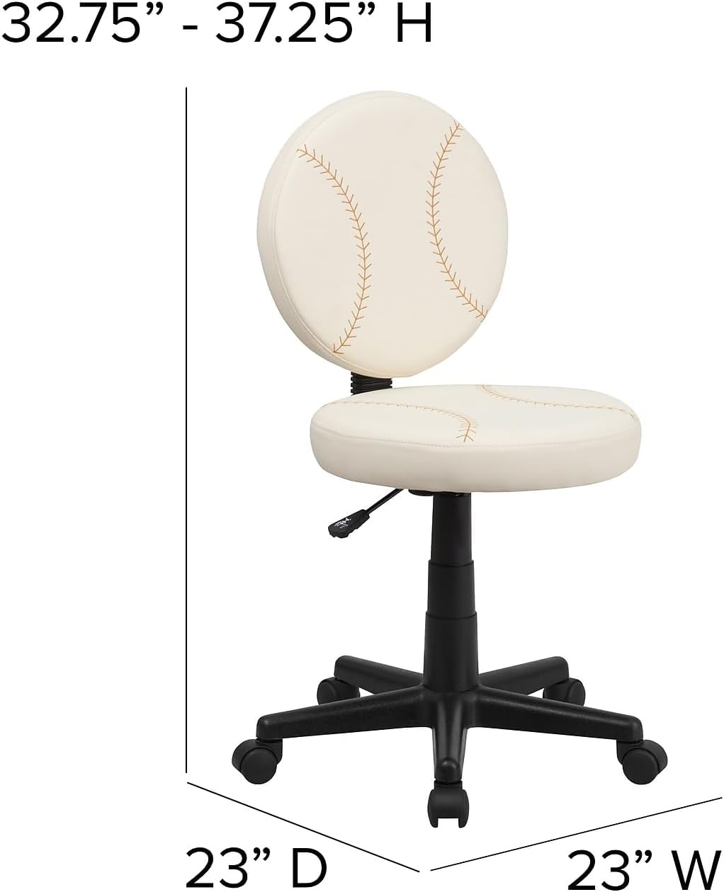 Pemberly Row Contemporary Baseball Office Swivel Chair, Cream and Brown Vinyl Upholstery, Stitched Baseball Design, Adjustable Height, Round Seat and Back, Heavy Duty Base, Kids or Sports-Inspired