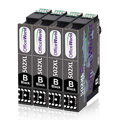 OfficeWorld 502XL Noir Cartouche d'encre Compatible avec Epson 502 XL pour Epson Expression Home XP-5100 XP-5105 XP5100 XP5105 Workforce WF-2860DWF WF-2865DWF WF-2860 WF-2865 WF2860 WF2865 (4 BK)