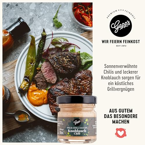 Gepp’s Feinkost Wundertüte Mini Grillstation I Grill-Geschenke für Männer mit BBQ Grillsauce, Whsikey Pfeffer Sauce & Knoblauch Chili Sauce I Grillgewürze Geschenkset