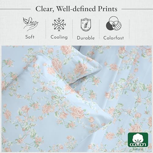 California Design Den Floral Printed Queen Sheet Set - 400 Thread Count, Soft Sateen, Natural 100% Cotton Sheets, Deep Pockets, and Durable Bedding Set - Blooming Meadows - Thumbnail 5