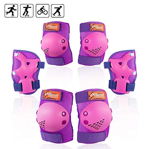 eNilecor Kids/Youth Roller Skates Cycling Knee Pads Elbow Pads Wrist Guards Protective Gear Set for Bike Skateboard Skatings Scooter Riding Sports (Purple/Pink, Medium)